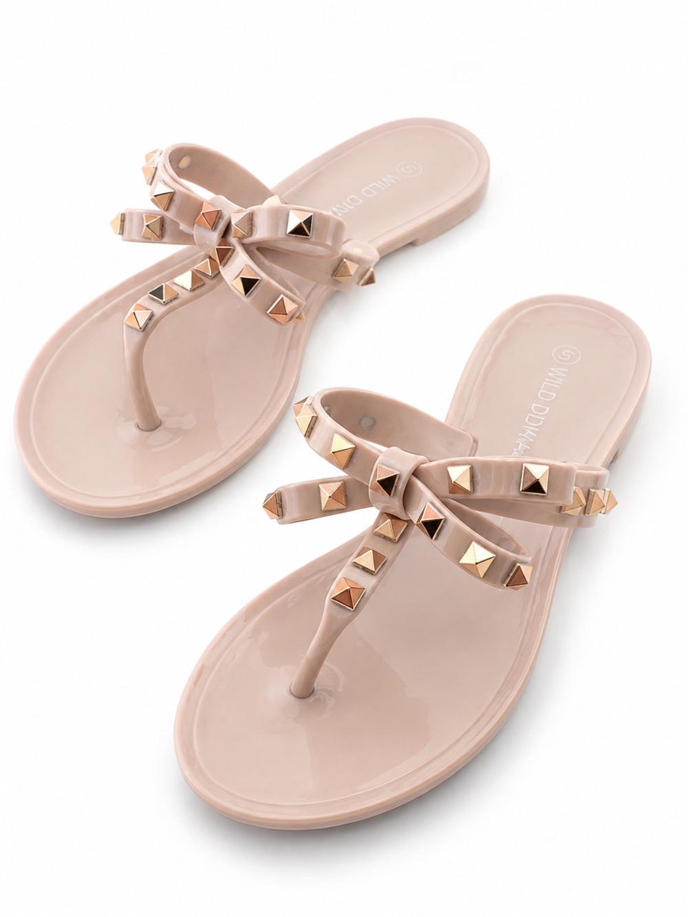 Nude Jelly Sandals Gold Pyramid Stud Bow Flats